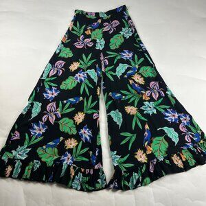Zara Black Tropical Bird Printed Crepe Wide Leg Ruffle Hem Pant S